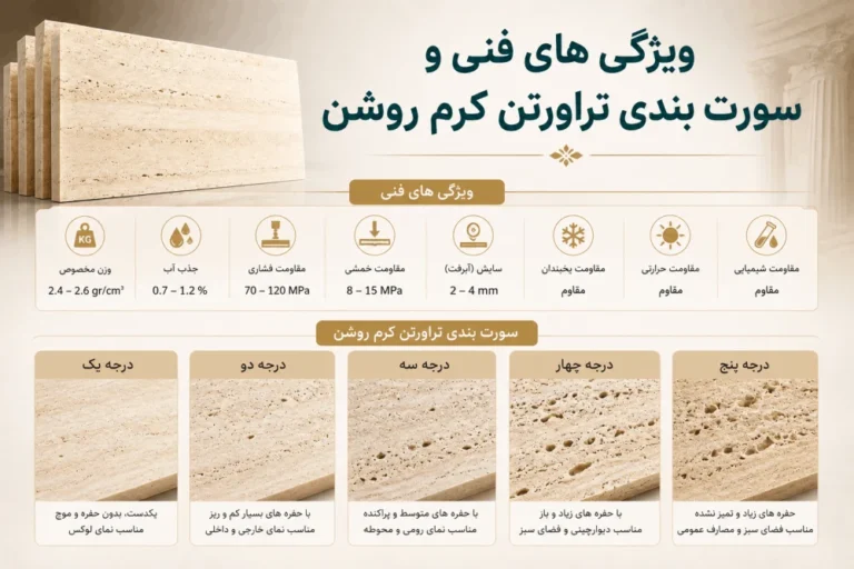 ویژگی های فنی و سورت بندی تراورتن کرم روشن